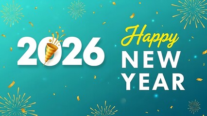 Vibrant happy new year 2026 festive greeting card with confetti and popper