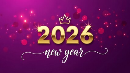 Celebrating the new year 2026 with sparkling golden numbers on a vibrant purple background