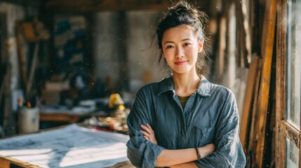 Young woman in casual clothing smiles in creative workshop setting
