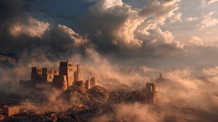 Obraz premium Majestic Fortified City Ruins Under Dramatic Sky with Epic Clouds at Sunset