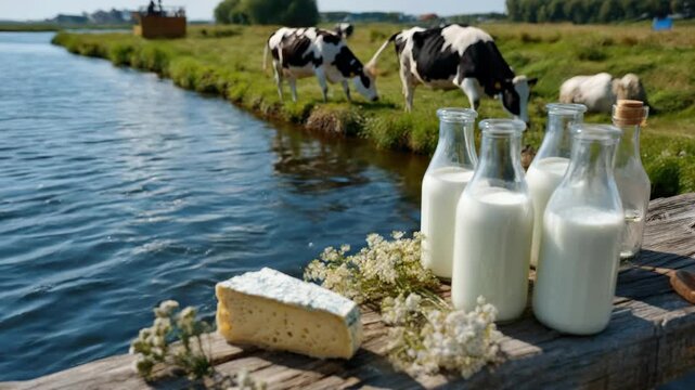 Fresh dairy products, creamy milk in glass bottles, rich cheese, grazing cows in a green meadow by a blue river, natural countryside bounty.