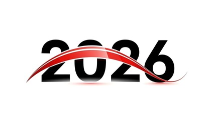 A modern graphic design featuring the number 2026 with a dynamic red ribbon element