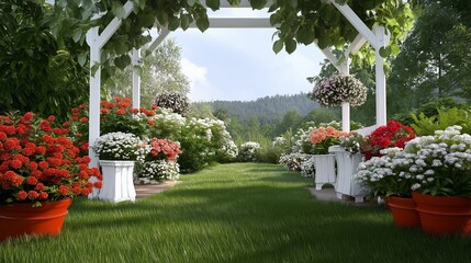 A peaceful garden scene with blooming flowers and lush greenery