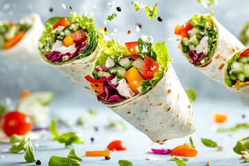Mini vegetable wraps bursting mid-air with colorful salad and sauces trailing behind 