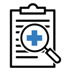 Fototapeta premium Medical report analysis icon with magnifying glass and blue cross, healthcare document search symbol vector illustration.