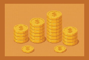 Pixel art style gold coin stacks with dollar signs, isometric money piles financial vector illustration on orange background