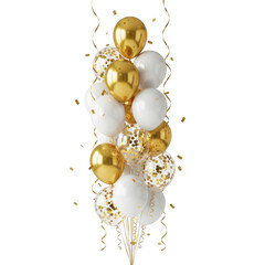 Bunch of white and gold balloons with confetti isolated on transparent background