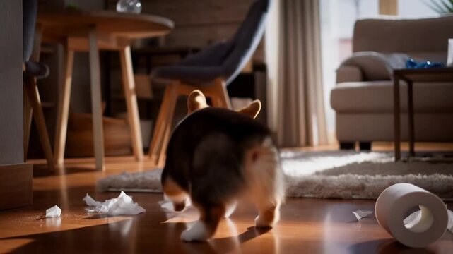 A Corgi dog waddling confidently through a messy living room, seemingly the cause of the chaos Stock Video