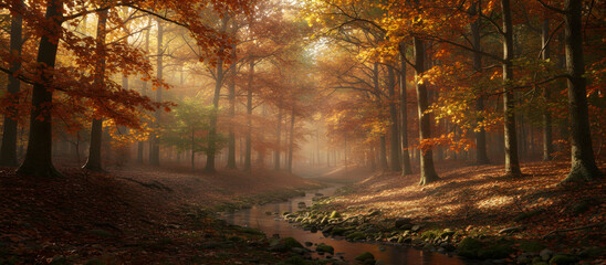 Autumn forest stream flowing through colorful trees and fog