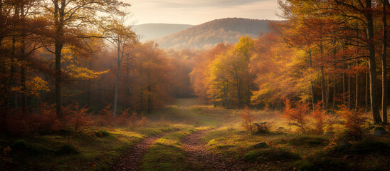 Autumn forest path winding through vibrant fall trees