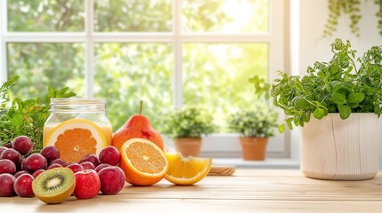 A modern kitchen scene with a light-colored wooden dining table, fresh fruits arranged neatly