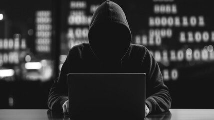 An anonymous hooded figure hunched over a laptop, immersed in the digital shadows, with a backdrop of binary code, the image captures the suspense of the cyber world.