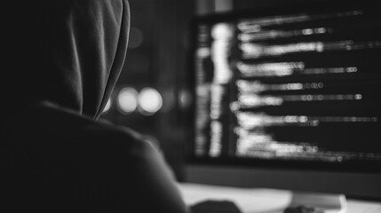 Anonymously hooded individual engrossed in lines of coding, with a darkened computer monitor illuminating the scene.