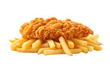 Crispy fried chicken strips on golden french fries isolated on transparent background