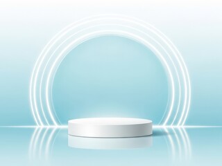White podium on a blue background with glowing neon circle