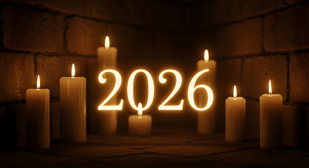 Number 2026 Illuminated with Candle Light Against Brick Wall.