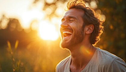 Man laughs heartily outdoors under bright sunlight. His genuine joy is evident with eyes closed and mouth open showing teeth. He looks happy, relaxed and carefree in nature.