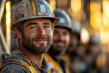 A Group of Confident Construction Workers Smiling Under Bright Sunlight