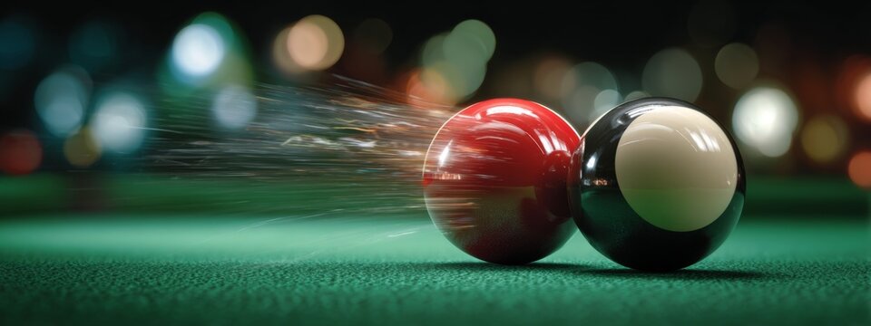 Dynamic Motion of Snooker Balls Colliding on Green Felt Surface Captured in Stunning Blur Effect
