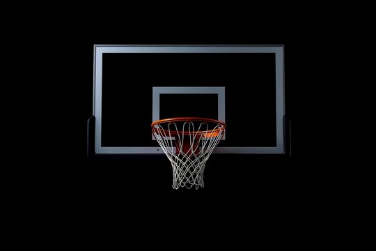 A dramatic minimalist basketball hoop captured against a deep black background, highlighting the rim, net, and backboard with clean lighting, perfect for sports, motivation, and design concepts.