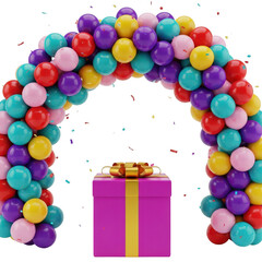 A colorful balloon arch and a gift box isolated on transparent background
