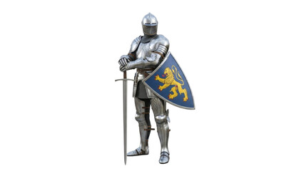 Fototapeta premium Medieval knight in silver armor holding sword and shield with golden lion isolated on transparent background