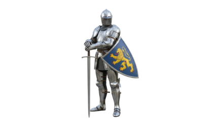 Medieval knight in silver armor holding sword and shield with golden lion isolated on transparent background