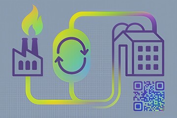 Obraz premium Innovative industrial integration showcasing sustainability through an abstract visualization of factory energy flow with recycling symbols and intelligent QR code connectivity