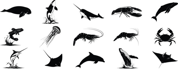 Obraz premium Silhouettes of various marine animals and mythical creatures