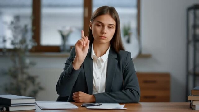 A businesswoman sitting at her desk, raising a finger as a sign of disapproval or a warning. The image conveys a serious and focused atmosphere. Stock Video