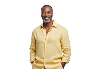 Smiling mature man in yellow shirt isolated on transparent background