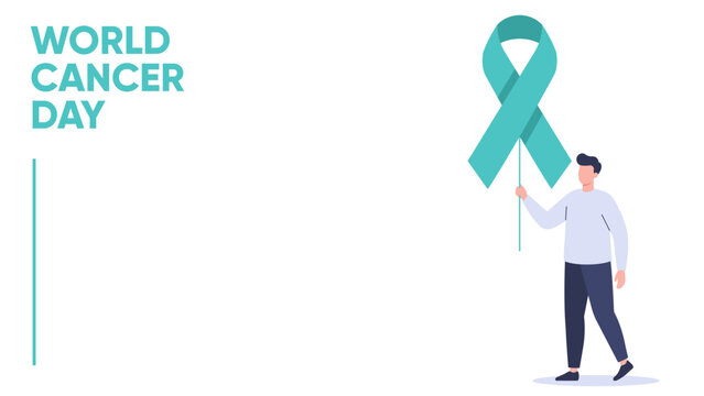 World Cancer Day Awareness Illustration with Man Holding Cancer Ribbon