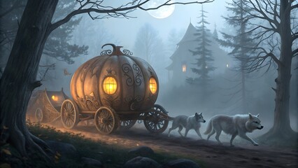 Magical pumpkin carriage ride through misty forest with wolves