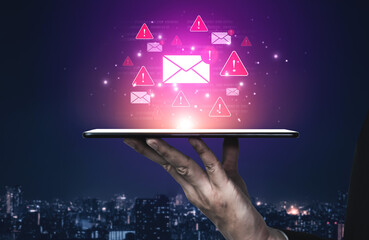 Concept of a cybersecurity warning for unsafe email communication. This alert signifies a phishing...