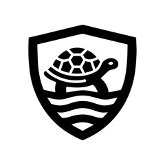 Minimalist black vector icon of a turtle and waves inside a protective shield. Symbolizes ocean conservation, wildlife protection, ecology, and environmental safety. Simple style on transparent.