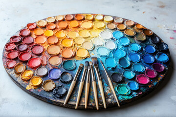 A Close-Up View of an Artist&rsquo;s Palette with Vibrant Oil Paints and Brush