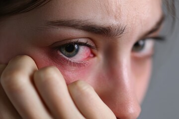 Naklejka premium Young Woman Experiencing Angioedema: Allergic Reaction Affects Eye and Skin Health