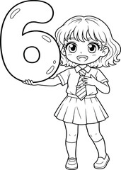 Cartoon girl holding number six, cheerful school student illustration, educational character design for children, playful numeric learning concept, vector art