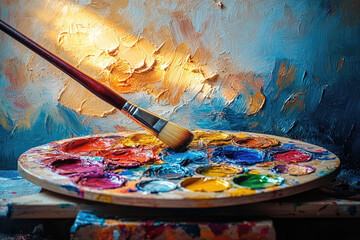A Close-Up View of an Artist&rsquo;s Palette with Vibrant Oil Paints and Brush
