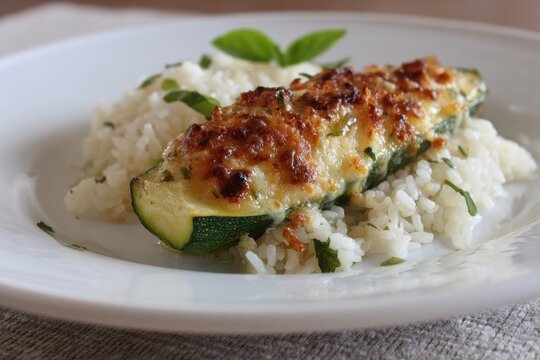 Zucchine Ripiene: Savory Stuffed Courgettes with Rice on a White Plate for Creative Culinary Delights