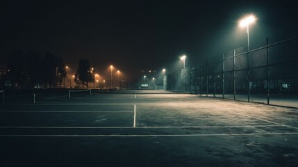 Tennis Court at Night Illuminated by Floodlights with Deep Shadows and Ambient Atmosphere