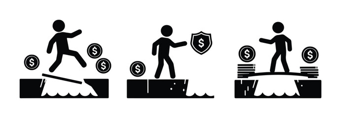Vector icon set contrasting financial risk (stick figure falling from a bridge) with security and reliability. Symbolizes investment danger, safety, insurance, and protection. Minimalist style.