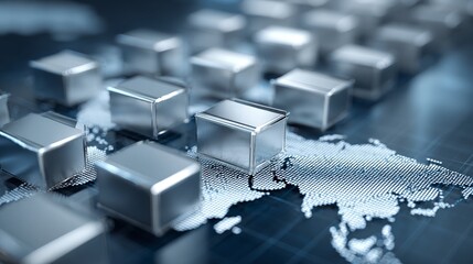 Reflective metallic silver cubes represent concepts such as global data storage, distributed ledger technology (DLT), and cloud computing architecture.