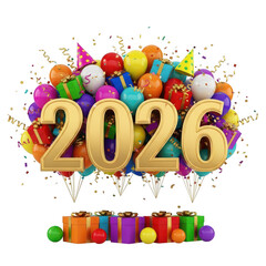 Golden 2026 isolated on transparent background with colorful balloons and gifts