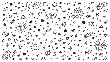 Space & Star Vector Set – Hand-Drawn Crayon Universe, Moon, Planet & Rocket Illustrations, Cute Doodles, Galaxy, Astronauts, Sparkles & Vintage Cosmic Backgrounds © Meizan 