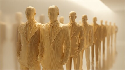 A line of identical, stylized masculine figures wearing business suits and ties.