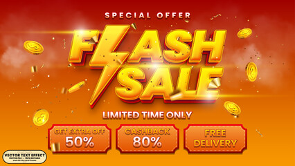 Special offer flash sale get extra off 50% 3d glowing text effect vector template for retail promotion, website banner, social media ads, and billboard advertisement.
