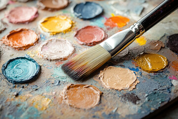 Refined Artistic Shot with Detailed Brushes and Vibrant Oil Paints on Palette