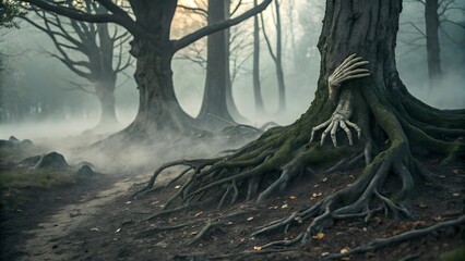 Mysterious tree with skeletal hand emerging from roots in foggy forest
