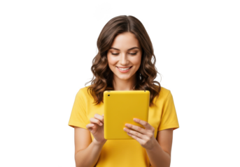Young woman using yellow tablet isolated on transparent background